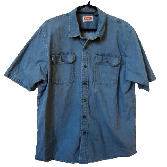 Wrangler Shirt Mens L Blue Cotton Short Sleeve Camp Button Up Western Cowboy Y2K - Picture 1 of 6